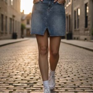 High-Rise Blue Denim Mini Skirt with Front Slit